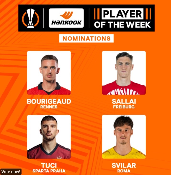 欧联官方本轮最佳球员候选:罗马门将斯维拉尔领衔,布里诺在列