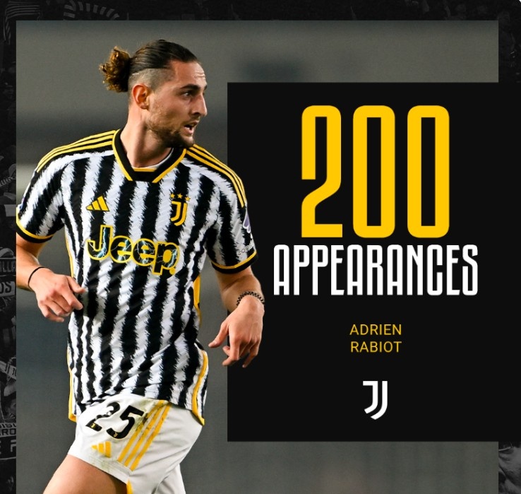 拉比奥特达成尤文生涯200场里程碑,已贡献21球15助&夺得3项冠军