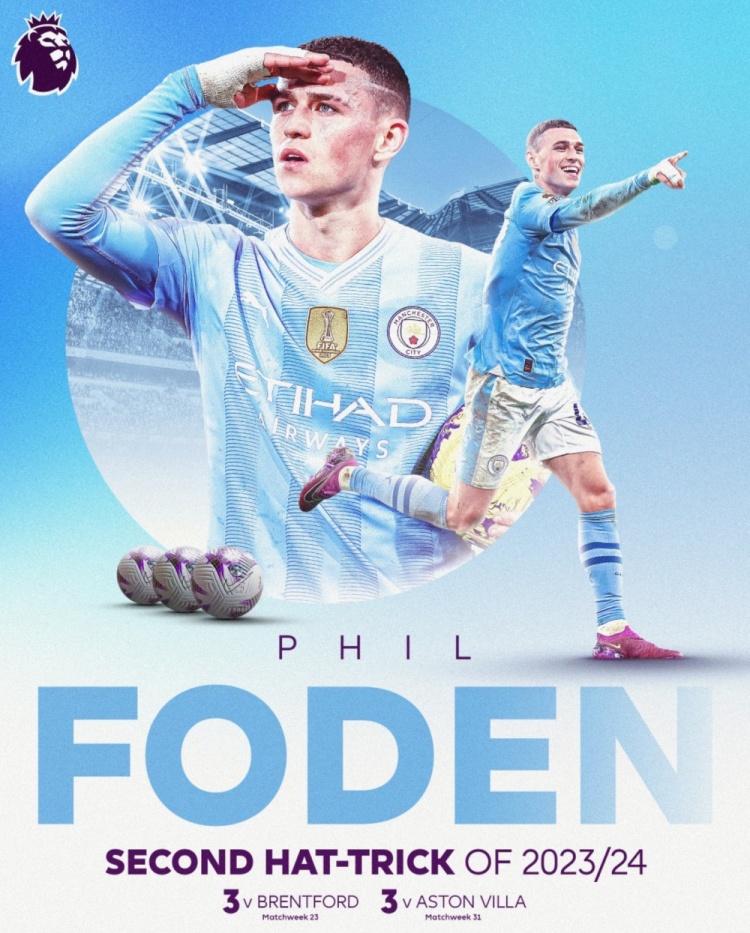 英超官方晒福登海报:本赛季唯一两次上演帽子戏法的球员