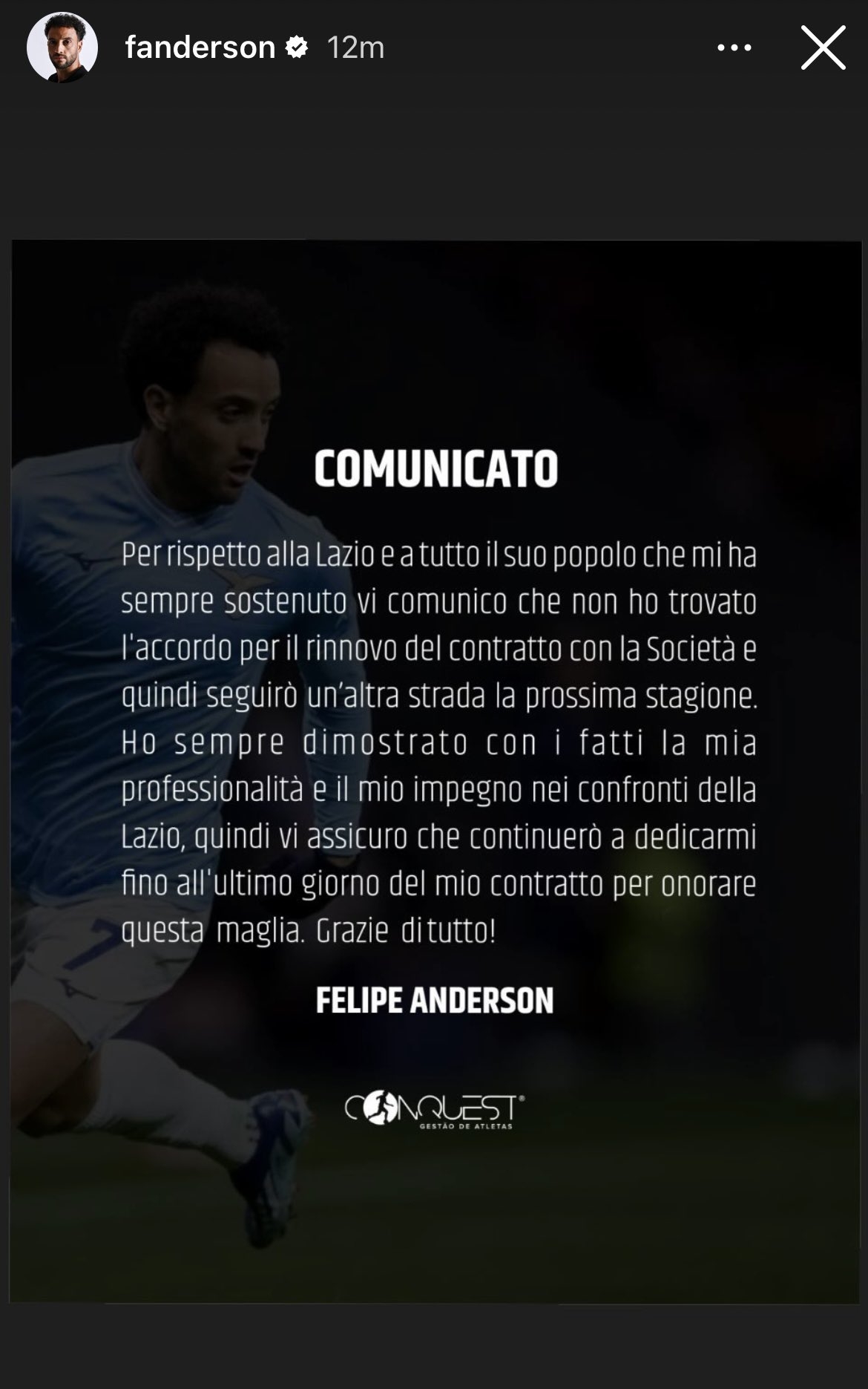 安德森:由于未能达成续约协议,我将在赛季结束后离开拉齐奥